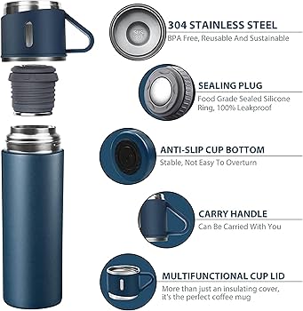 Velocious® Stainless Steel Thermo 500ml/16.9oz Vacuum Insulated Bottle with 3 Cup for Coffee Hot Drink and Cold Drink Water Flask Velocious® Stainless Steel Thermo 500ml/16.9oz Vacuum Insulated Bottle with 3 Cup for Coffee Hot Drink and Cold Drink Water Flask